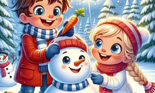 A 5-year-old boy named Oliver, with messy brown hair and rosy cheeks, smiles in wonder as he holds a small carrot for the snowman's nose. He wears a bright red coat, a striped scarf, and blue gloves. Next to him, his best friend Mia, a 5-year-old girl with braided blonde hair, joyfully laughs while holding two shiny buttons for the snowman's eyes, standing slightly back to admire their creation. The scene takes place in a magical winter park, where majestic trees are covered in sparkling snow, and the ground is a thick layer of fresh snow. Snowflakes gently fall from the sky, creating an enchanting atmosphere. Oliver and Mia are building a snowman, surrounded by laughter and joy, while the sun faintly shines through the clouds, illuminating their winter adventure.