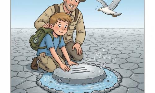 Un ragazzo, Luca di circa 8 anni, è inginocchiato davanti a una grande pietra liscia al centro di un cerchio su una crosta poligonale; capelli castano chiaro spettinati, viso tondo con lentiggini, zaino kaki troppo grande, bussola alla tracolla e una piccola tessera d’argilla in tasca, sorride stupito mentre posa l’indice sull’incisione della pietra; dietro di lui lo zio Arturo, 40–50 anni, con mano fiera sulla spalla, cappello da esploratore consumato, giacca beige da tela e sorriso incoraggiante; sullo sfondo un gabbiano grigio e bianco in volo; la superficie è grigia e lucida fatta di esagoni e pentagoni le cui fessure convergono al centro, dove la pietra è incisa con un simbolo a tre linee e c’è un piccolo bacino d’acqua che riflette il cielo azzurro con alcuni ciottoli disposti a raggio; scena calma e magica: la terra sembra “cantare” alla mano del bambino con lievi vibrazioni visive, onde, note stilizzate e scintille di luce, colori morbidi, contrasti netti e orizzonte basso per valorizzare la crosta poligonale.
