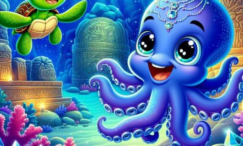 Un giovane polpo di nome Tito, con una pelle blu brillante e tentacoli ondulanti, nuota entusiasta in una grotta sottomarina illuminata da cristalli scintillanti. I suoi grandi occhi rotondi brillano di eccitazione e curiosità mentre esplora questo mondo misterioso. Accanto a lui, una giovane tartaruga marina di nome Stella, con un carapace verde decorato da motivi dorati, sorride felicemente, i suoi occhi scintillanti di gioia, mentre indica un antico affresco sulla parete della grotta. La grotta è piena di coralli colorati, pesci dai colori vivaci e luci danzanti che filtrano attraverso l'acqua, creando un'atmosfera magica e incantevole. Tito e Stella scoprono insieme il segreto degli Antichi, meravigliati dalla bellezza e dai misteri che li circondano.