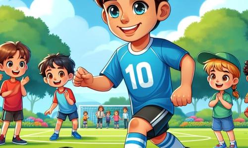 Un uomo, Marco, è al centro dell'immagine, sorridente ed entusiasta. Indossa una maglietta da calcio blu con il numero 10, pantaloni corti neri e scarpe sportive. I suoi capelli castani sono corti e ha uno sguardo scintillante di gioia. Marco sta dribblando un pallone da calcio su un campo verde.

Attorno a lui ci sono diversi bambini. Un ragazzo di 8 anni con capelli ricci e una maglietta rossa si prepara a tirare in porta, i suoi occhi brillano di eccitazione. Una ragazza di 7 anni con trecce e una gonna blu applaude saltando, piena di energia. Un altro ragazzo di 9 anni, con un cappellino verde, osserva attentamente Marco, pronto ad imparare.

Il luogo è un parco soleggiato, con un grande campo da calcio circondato da alberi verdi e fiori colorati. In lontananza si vedono famiglie che passeggiano e bambini che giocano.

La scena principale mostra Marco che insegna ai bambini come dribblare e tirare in porta, creando un'atmosfera gioiosa e dinamica dove l'amicizia e il divertimento del gioco sono al centro dell'azione.