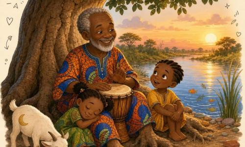 An old smiling, calm dark-skinned man with short gray hair and a thin beard, wearing orange-and-blue wax cloth, sits under a large ancient tree tapping a small wooden drum; to his right a dark-skinned boy of about six with short braided hair in a short yellow tunic listens with wide-eyed wonder, a dark-skinned four-year-old girl with pigtails in a green patterned dress sleeps against the man's knees with a peaceful smile, and a small white goat with a crescent-shaped flank mark nibbles bread to his left; behind them a shiny river with clear water reflects the blue sky and tall grasses with small fish and colorful pebbles on the bank, the thick cracked-trunk tree with dark round leaves and exposed roots forms a natural cushion, the scene is a warm, tranquil dusk with soft orange light, intimate composition, happy faces, pronounced fabric and wood textures, and a comforting African folktale atmosphere.