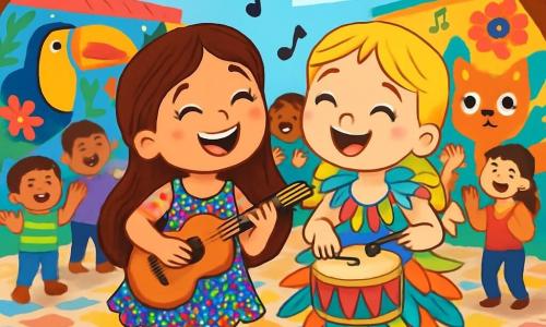 Hay 2 personajes principales: Lucía, una niña de 6 años con largos cabellos castaños y ojos brillantes, que lleva un disfraz de carnaval lleno de lentejuelas multicolores y sostiene una pequeña guitarra; y Marina, también de 6 años, con trenzas rubias y ojos azules, vestida con un vestido colorido adornado con plumas y sosteniendo un tambor. Ambas están en el centro de la placita de los artistas, rodeadas de murales vibrantes de animales y flores, con un suelo de mosaico y guirnaldas de luces brillantes colgando de los árboles. La escena principal muestra a Lucía y Marina cantando alegremente su canción de carnaval, con sonrisas radiantes, mientras notas musicales flotan a su alrededor y niños y adultos bailan y aplauden, creando un ambiente festivo y colorido.