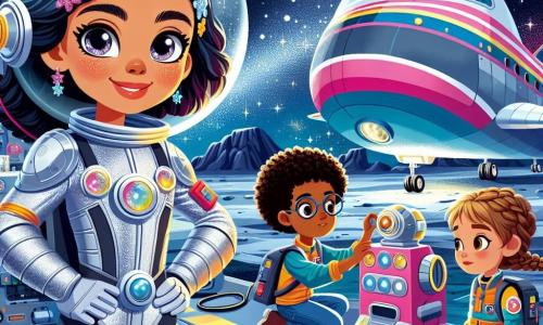 Stella, una donna coraggiosa con una tuta spaziale argentea scintillante, sorride con eccitazione, gli occhi brillanti di curiosità, mentre si trova davanti alla navicella Arcobaleno Stellare. Accanto a lei, un ragazzo di 10 anni, con capelli ricci e occhiali rotondi, aggiusta un piccolo robot che ha costruito, mostrando un'espressione concentrata. Un'altra figura, una ragazza di 9 anni con capelli intrecciati e un casco da astronauta, guarda con meraviglia le stelle scintillanti sopra di loro. Il contesto è una piattaforma di atterraggio sulla luna Argentea, con crateri argentati e montagne lontane sotto un cielo nero punteggiato di stelle brillanti. La navicella, colorata e futuristica, brilla alla luce delle stelle, pronta a decollare verso nuove avventure. La scena principale mostra Stella e il suo equipaggio che preparano il loro viaggio spaziale, pieni di eccitazione e anticipazione, pronti a esplorare nuove galassie.