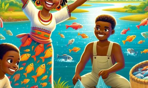Al centro dell'immagine, Amara, una donna africana di circa quarant'anni, sorride ampiamente. Ha capelli neri intrecciati, occhi brillanti e indossa un abito colorato decorato con motivi tradizionali. Alza le braccia in segno di gioia e incoraggiamento, circondata da pesci colorati che ha aiutato a pescare. Alla sua destra, Kofi, un uomo di circa trent'anni con pelle scura e muscoli ben definiti, tiene una rete da pesca piena di pesci scintillanti. Ha uno sguardo determinato ed è vestito con pantaloni di tela e una maglietta leggera. A sinistra, Nia, una donna di vent'anni con capelli ricci e un sorriso radioso, sta annodando reti, concentrata sul suo lavoro. Lo sfondo è un magnifico paesaggio africano, con un grande fiume dalle acque scintillanti, alberi verdi e colline dorate. Il cielo è blu brillante, punteggiato di nuvole bianche. La scena principale mostra Amara che incoraggia i villaggi a lavorare insieme per pescare, simboleggiando unità e cooperazione. I personaggi sono tutti immersi in un'atmosfera di camaraderie e gioia, illustrando l'importanza dell'aiuto reciproco.