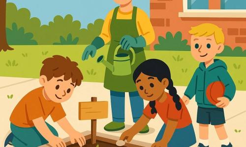 Un cortile scolastico primaverile: Tommaso, 10 anni, viso rotondo e capelli castani spettinati, con aria concentrata dispone una fila di piccole pietre chiare lungo il bordo di un’aiuola; Luca, 10 anni, capelli biondi corti e sorriso timido, tiene un pallone rosso a qualche passo e indica il percorso in cemento; Sara, circa 9 anni, capelli neri in treccia, posa una pietra restando sul cemento; la maestra Elena, capelli castani raccolti, in tenuta da giardiniera con guanti verdi, tiene un annaffiatoio verde e osserva sorridendo; terreno scuro con giovani germogli, cartello “Non calpestare”, pavimento in cemento chiaro, luce solare e ombre di alberi; atmosfera calma e protettiva, colori primaverili vivaci.