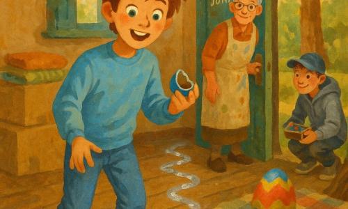Un chico de 12 años, alegre y maravillado, cabello castaño claro despeinado, ojos verdes, ropa informal (sudadera azul claro, vaqueros), sostiene un pequeño huevo de chocolate azul abierto en una mano y mira huellas brillantes en el suelo; una abuela de unos 70 años, sonriente, pelo gris en moño, delantal con manchas de pintura, en el umbral de la puerta con la mano en el tirador y mirada tierna; un amigo niño de ~12 con gorra, expresión divertida, sudadera con capucha gris y una pequeña caja de chocolates, agachado junto a un viejo árbol a la derecha; lugar: interior de una antigua vivienda familiar abierta a un pequeño parque, suelo de madera gastada, mantas y cajas apiladas, luz matinal suave por una ventana con contraventanas verdes, huellas plateadas brillantes que serpentean desde la puerta hasta el parque; situación: los chicos descubren una pista de huellas luminosas que conduce a un gran huevo colorido sobre una vieja manta, atmósfera de descubrimiento y compartir, paleta pastel tipo gouache con texturas de pincel, contrastes cálidos (ocre, madera, naranja) y acentos plateados en las huellas.