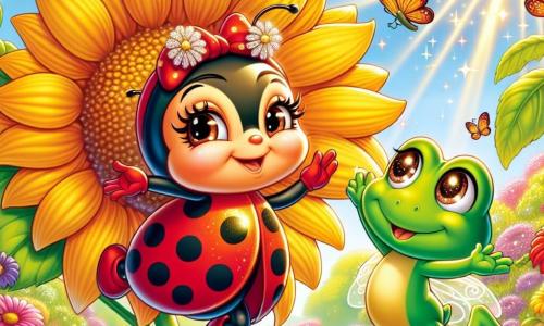 Una piccola coccinella di nome Lella, con un luccichio di gioia nei suoi grandi occhi neri e un corpo rosso brillante punteggiato di piccole macchie nere, danza felicemente su un grande girasole, con le sue delicate ali leggermente aperte. Vicino a lei, una piccola rana verde brillante di nome Rina, con occhi tondi e scintillanti, osserva Lella con ammirazione, pronta a saltare per unirsi a lei. Il paesaggio è un magnifico boschetto soleggiato, pieno di fiori colorati con petali brillanti, mentre i raggi di sole filtrano tra le foglie verdi, creando un'atmosfera magica e calorosa. Sullo sfondo, un ruscello scintillante serpeggia attraverso il paesaggio, aggiungendo un tocco di freschezza alla scena. In questa illustrazione, Lella e Rina celebrano la loro amicizia dopo aver ritrovato l'anello d'oro perduto di Rina, circondate dalla bellezza della natura, simboleggiando gioia e cameratismo.