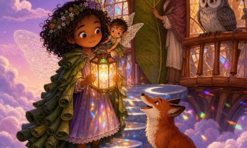 Mila, a gentle, curious fairy girl with curly hair and wildflowers, wearing a coat of rolled leaves and delicate lace wings, holds a glowing lantern proudly yet humbly on the porch of a small glass-and-cinnamon house atop a cloud summit reached by silver moon stairs; tiny Pip, the size of a teacup, perches on her shoulder with a mischievous smile, a wise old grey owl with amber eyes watches from the house balustrade to the right, a joyful red fox sits at the foot of the steps, and Mila’s mother stands on the leafy doorstep in warm fabrics watching tenderly — the lavender twilight sky, fluffy cotton clouds, and lantern casting broken-rainbow fragments create a magical, calm, comforting scene with soft textures and clean lines in pastel colors suited for children.
