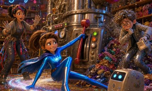 A heroine (Nova Spark) with a determined but amused face, focused and slightly embarrassed, in a shiny electric-blue form-fitting suit with a glowing emblem, short floating cape, shiny boots and light brown ponytail, slides on a glowing ground trail and pulls a glitter-covered red lever; an adult woman (Maya, the costumer), ~30, fair skin, short black hair with a colored streak and ribbons, worried but relieved expression, hands covered in glue and confetti, stands to the side near shelves of fabric watching; a teenage boy (Theo), ~16, slim, round glasses, pale, covered in silver glitter with an sheepish funny face, emerges from a pile of sparkly fabric coughing and holding a small delivery robot; a small beige matte metal delivery robot with blue LED eyes, partially dusted with sequins, blinks on the floor in front of Theo; interior of the cluttered 