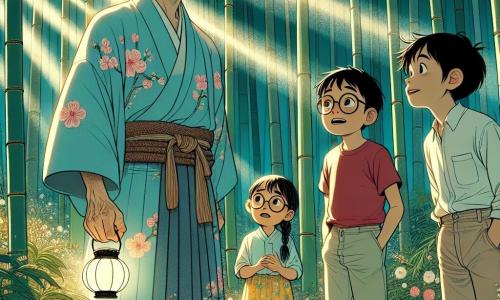 Taro, een spirituele man met een warme glimlach, draagt een lichtblauwe kimono met kersenbloemmotieven. Zijn ogen stralen van opwinding en wijsheid terwijl hij in het midden van een weelderige bamboebos staat, omringd door hoge, slanke bamboestokken. Naast hem kijken drie kinderen, twee jongens en een meisje, vol verwondering. De eerste jongen, 10 jaar oud, heeft rommelig zwart haar en draagt een beige korte broek. De tweede jongen, iets jonger, heeft een ronde bril en een rode t-shirt aan. Het meisje, 9 jaar oud, heeft lange gevlochten haren en een gele bloemenjurk, en houdt een kleine papieren lantaarn vast. Ze staan dicht bij Taro, hun gezichten verlicht door nieuwsgierigheid. De locatie is een mystiek bamboebos, doordrenkt met zacht licht, met zonnestralen die door de groene bladeren filteren en schaduwpatronen op het gras creëren. Kleurige wilde bloemen bedekken de grond, wat een vleugje magie aan de omgeving toevoegt. Taro legt aan de kinderen uit dat het echte avontuur niet ligt in het zoeken naar materiële schatten, maar in het ontdekken van hun eigen moed en vriendschap, terwijl ze zich voorbereiden om de oude storm in de verte te verkennen.