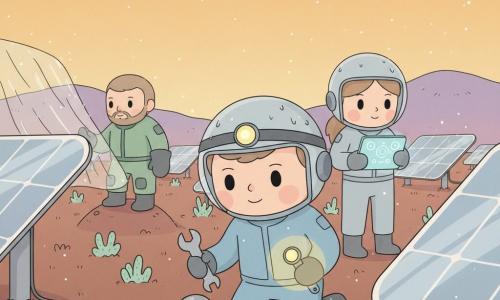 A man, Commander Elias Rowan — gentle face, square jaw, short brown hair, determined but kind expression, attentive bright eyes — kneels by a solar panel holding a headlamp and a wrench, repairing an anchor; a woman, Mara, systems lead, ~30, ponytail, light-gray tech suit, focused, stands to his right behind him holding a lit tablet with schematics; a man, Leon, engineer, ~35, sturdy with a light beard and heavy gloves, stands on a small berm to the left of the panels securing a protective membrane. Location: an outer valley on Aurelia-3 with reddish-brown textured soil, pale waxy plants, distant purple ridges and a wide yellow-orange sky with floating metallic dust; silver solar panels reflect light, cables and anchors visible. Main situation: nighttime post-storm repair — teamwork, dried rain on helmets, glittering dust in the air, headlamps casting warm circles on the panels, mood of calm courage and cooperation.