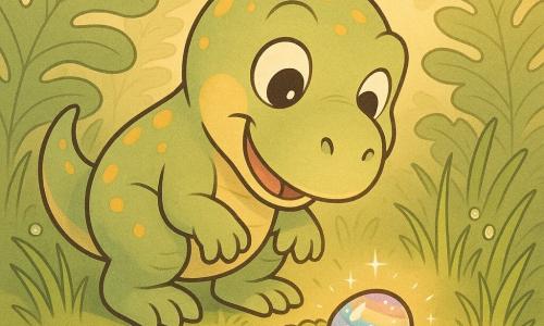 Ein kleiner Tyrannosaurus Rex namens Timi mit rundem Gesicht und großen Augen, erstauntes, sanftes Ausdrucks, zartgrüner, gelb gesprenkelter Haut und abgerundeten Krallen tippt mit den Pfoten „tap, tap“ auf den Boden, hockt lächelnd neben einem Moosbett, ein Licht reflektiert auf seiner Schnauze; auf dem Moos liegt ein glänzender Regenbogenstein, klein, glatt mit schimmernden Farbstreifen, der leise „bim‑bam“ summt, umgeben von großen Farnen, taubedeckten Grashalmen und goldenem Morgennebel — ein ruhiger Moment, in dem Timi sanft die Pfote nach dem magischen Stein ausstreckt, warme, wundervolle Atmosphäre.