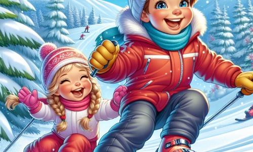A 7-year-old boy, Charlie, with messy brown hair and sparkling eyes, is sliding down a snowy slope with a big smile on his face. He is wearing a bright red ski suit, a blue hat, and yellow gloves, clearly delighted by the sensation of snow under his skis. Next to him, his 5-year-old sister Lucy, with braided blonde hair and rosy cheeks, is laughing as she tries to maintain her balance on her small pink skis. She is slightly behind, holding their father's hand, who encourages them with a proud smile. The scene is set in a magical winter landscape, with majestic snow-covered fir trees, a clear blue sky dotted with white clouds, and gentle snowflakes falling around them. The main focus is on Charlie and Lucy enjoying the slope, discovering the joys of skiing together, while their father watches them with pride and affection.