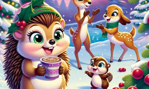 In a snowy clearing, a little hedgehog named Holly, with brown fur and soft spikes, joyfully smiles while holding a large cup of hot drink, her eyes sparkling with happiness. Next to her, Benny the beaver, with his brown fur and big white teeth, enthusiastically claps, his face beaming with pride. Delilah the doe, graceful and elegant, stands slightly back, her eyes shining with tenderness as she admires Holly, surrounded by bright red berries. The setting is magical, with snowflakes gently falling, twinkling lights hanging from the trees, and a large decorated Christmas tree at the center of the scene. The main focus shows Holly ready to toast to celebrate friendship, surrounded by her friends in a festive and warm atmosphere.