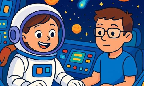 Eine Astronautin, Anna, mit braunen Haaren zu einem Pferdeschwanz gebunden, trägt ein großes, aufgeregtes Lächeln auf ihrem Gesicht. Sie sitzt im Cockpit eines glänzenden Raumschiffs, umgeben von bunten Knöpfen und leuchtenden Bildschirmen. Neben ihr schaut ein junger Mann, Ben, etwa 30 Jahre alt, mit Brille und blauem T-Shirt, konzentriert auf die Instrumente, bereit zu helfen. Das Cockpit ist voller funkelnder Lichter und Kontrolltafeln, und durch das Fenster sieht man einen sternenübersäten Himmel mit bunten Planeten und leuchtenden Kometen. Die Hauptsituation zeigt Anna und Ben, die das Raumschiff für eine Reise zu einem fernen Planeten vorbereiten, voller Enthusiasmus und Neugier, während sie sich auf die Erkundung des Unbekannten vorbereiten.