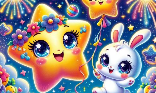 Lúcia, uma pequena estrela brilhante com olhos cintilantes e um sorriso radiante, flutua alegremente no céu noturno, cercada de luzes cintilantes. Ela decora uma festa de Ano Novo com guirlandas de flores coloridas e balões estrelados, expressando grande empolgação. Ao seu lado, Pipo, um coelhinho travesso com grandes orelhas e pelagem macia e branca, salta de alegria, seus olhos brilhando de felicidade. Ele segura um balão em forma de estrela nas patas dianteiras, pronto para pendurá-lo. O cenário é um céu estrelado, salpicado de nuvens fofas e fogos de artifício coloridos que iluminam a noite. Flores vibrantes flutuam ao redor, criando uma atmosfera festiva e mágica. A cena principal mostra Lúcia e Pipo preparando a festa de Ano Novo, cercados por amigos, com luzes e alegria, prontos para celebrar juntos em um turbilhão de cores e felicidade.