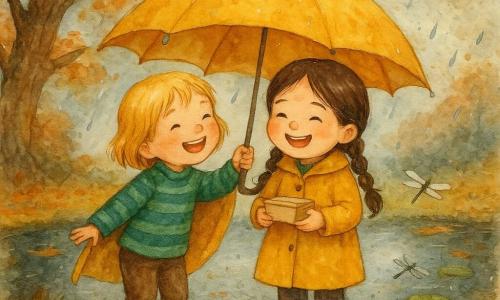 Două fete de 5 ani, Ana (părul brun împletit, palton muștar, cizme de cauciuc roșii, ținând o cutie mică de biscuiți) și Maria (păr blond scurt, pulover verde cu dungi, pantaloni maro din catifea, aplecată spre Ana și ținând pelerina galbenă deschisă deasupra lor), stau la marginea unui mic mlaștină liniștită în toamnă — apă întunecată care reflectă frunze portocalii și roșii, maluri acoperite de frunze, un stejar bătrân în spate, câteva libelule și nuferi; amândouă cântă și râd sub o singură pelerină galbenă în ploaie fină, picăturile făcând mici stropi pe apă și pete ca acuarela, cu o atmosferă caldă și culori toamne saturate.
