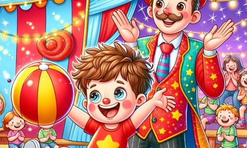 Un bambino di 4 anni, di nome Giovanni, con capelli castani disordinati e occhi scintillanti di gioia, è al centro dell'immagine. Indossa una maglietta rossa con stelle gialle e pantaloni corti blu, ridendo e tenendo una grande pallina rossa nelle mani. Accanto a lui c'è un giocoliere, un uomo di circa 30 anni, con un alto cilindro e una sottile baffo, che sorride con orgoglio. Indossa una giacca colorata decorata con paillettes e pantaloni neri, mentre applaude Giovanni con le braccia alzate in segno di incoraggiamento. Sullo sfondo, il circo è pieno di colori vivaci: una grande tenda a strisce rosse e bianche, luci scintillanti e animali giocherelloni, come elefanti e cavalli, che si muovono intorno. Gli spettatori, bambini e adulti, sono seduti su panchine di legno, ridendo e applaudendo. La scena principale mostra Giovanni, con un grande sorriso, che lancia la pallina rossa in aria, mentre il giocoliere lo osserva con ammirazione. L'atmosfera è gioiosa e magica, piena di risate e colori vivaci, catturando lo spirito del circo.