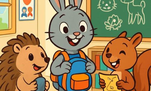 A young gray rabbit named Benny, with long ears and sparkling curious eyes, stands at the center of the scene, a wide smile on his face, holding a small colorful backpack. Next to him is a hedgehog named Poppy, with soft spines and bright excited eyes, holding a shiny pebble in her paws, looking at Benny with admiration. A squirrel named Finley, with brown fur and a bushy tail, stands slightly back, laughing joyfully while holding a small class map. The setting is a bright and welcoming classroom, with cream-painted walls, sunlight streaming through the windows, and colorful posters about learning and friendship. In the background, shelves overflow with brightly covered books. The main situation shows Benny, Poppy, and Finley happily discussing their expectations for the new school year, surrounded by vibrant school supplies and a blackboard filled with animal drawings.