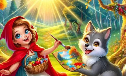 Il Piccolo Cappuccetto Rosso, una bambina gioiosa di circa 8 anni, indossa un mantello rosso brillante che brilla sotto il sole. Il suo viso è illuminato da un grande sorriso e i suoi occhi scintillano di eccitazione mentre tiene un cesto pieno di dolcetti. Accanto a lei, un lupo amichevole, con pelliccia grigia e occhi dolci, sta dipingendo un magnifico paesaggio su una tela, seduto sull'erba verde. La scena si svolge in una radura incantata, circondata da alberi maestosi con foglie dorate, e fiori colorati che danzano al vento. I raggi di sole filtrano tra i rami, creando un'atmosfera magica e calorosa. La situazione principale mostra Cappuccetto Rosso e il lupo, uniti nella loro creatività, mentre condividono un momento gioioso, celebrando l'amicizia e l'arte, circondati dalla bellezza della natura.