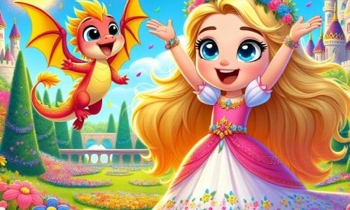 Die Prinzessin Elara, ein etwa 12-jähriges Mädchen, steht im Mittelpunkt des Bildes. Sie hat lange, goldene Haare, die in der Sonne glänzen, und trägt ein rosa Kleid, das mit bunten Blumen verziert ist. Ihr Gesicht zeigt eine fröhliche Entschlossenheit, während sie die Arme zum Himmel hebt, umgeben von strahlenden Farben, die in ihr Königreich zurückkehren. An ihrer Seite befindet sich Flamme, ein kleiner Drache mit roten und gelben Schuppen, der begeistert mit den Flügeln schlägt und mit funkelnden Augen die Szene bewundert. Im Hintergrund erstreckt sich ein wunderschöner königlicher Garten, gefüllt mit bunten Blumen, großen grünen Bäumen und einem strahlend blauen Himmel, der mit weißen Wolken gesprenkelt ist. Vögel singen und fliegen um sie herum und tragen zur festlichen Atmosphäre bei. Die Hauptsituation zeigt Elara und Flamme, die die Rückkehr der Farben in ihr Königreich feiern, nachdem sie den bösen Malakar besiegt haben. Die lebendigen Farben und die Freude der umgebenden Natur symbolisieren Wiedergeburt und Hoffnung, während Lachen und Gesang in der Luft erklingen.