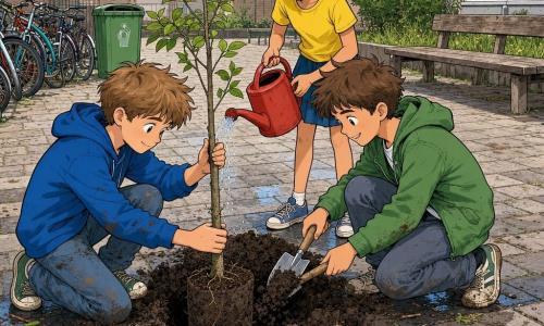 Drie kinderen van ongeveer 11 jaar planten samen een jonge boom op een klein schoolplein: Milo, een jongen met lichtbruin warrig haar en nieuwsgierige ogen, in een blauw sweat en een met aarde bevlekt spijkerbroek, houdt het boomstammetje links; Bram, een jongen met bruin onstuimig haar en een ondeugende glimlach, in een groene jas en modderige schoenen, staat rechts met een houten schep en schept aarde in het gat; Noor, een meisje met zwart haar in een staart en ronde bril, in een gele rok en t‑shirt, staat achter het gat met een rood gietertje klaar om te water geven; op de achtergrond een klein verhard schoolplein met versleten houten bankjes, een strook gras, fietsen en een grote groene afvalbak, de grond licht vochtig met kluiten en takjes, helder weer met wat wolken, samentrekkende, vrolijke en collaboratieve sfeer met warme kleuren en gedetailleerde texturen van aarde, hout en kleding.
