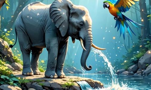 Een majestueuze olifant genaamd Elara, met een grijze huid en grote oren, staat aan de oever van een glinsterende rivier, haar blik vastberaden en vol hoop. Haar ogen stralen als sterren en ze gebruikt haar slurf om het water aan te raken, alsof ze het mysterie ervan probeert te begrijpen. Naast haar vliegt Kiki, een kleine kleurrijke papegaai met stralende blauwe en groene veren, vrolijk om Elara heen, met uitgespreide vleugels, zingend om haar vriendin aan te moedigen. Nuru, een jonge schildpad met een groene en bruine schild, staat op de oever en kijkt nieuwsgierig toe, haar ronde ogen vol verwondering. De achtergrond is een weelderig bos met majestueuze bomen met dikke stammen en stralend groene bladeren, terwijl een zachte gouden lichtstraal door het loof filtert en de scène verlicht. De rivier, ooit vol leven, is nu half uitgedroogd, met enkele vissen die wanhopig in de overgebleven plassen springen. De hoofdscène toont Elara, Kiki en Nuru verenigd in hun zoektocht om te begrijpen waarom de rivier opdroogt, wat vriendschap en vastberadenheid symboliseert in het aangezicht van tegenspoed.