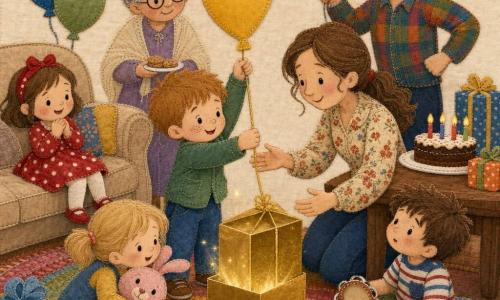 Ein etwa vierjähriger Junge mit kurz hellbraunen Haaren, rundem Gesicht und Sommersprossen, erstaunt und freudig, hält an einem Band einen gelben Ballon und entdeckt darunter eine kleine goldene Schachtel; links auf dem Sofa lächelt die etwa vierjährige Mia mit rotem Haarband und rot-weiß gepunktetem Kleid, rechts sitzt Tom, etwa vier, mit zerzausten braunen Haaren und gestreiftem T-Shirt, hält eine kleine Tamburin und schaut neugierig, Leni, etwa vier, mit blonden Zöpfen umklammert einen rosa Kuschelhasen und hockt nahe dem Teppich vor der goldenen Schachtel; die Mutter (ca. 30–35) mit zusammengebundenen langen Haaren und Blumenbluse kniet neben dem Jungen, bereit zu helfen, der Vater (ca. 30–35) mit Stoppelbart und buntem Hemd steht hinter dem Tisch mit einem roten Ballon in der Hand, spielerische Robotergeste, die Großmutter (ca. 60–70) mit runden Brillen und hellem Tuch hält einen kleinen Keks Teller und blickt wohlwollend; gemütliches Wohnzimmer mit buntem Teppich, mehrfarbigen Lichterketten, beigem Sofa, Holzcouchtisch mit Kuchen und vier Kerzen, schwebenden Ballons und Geschenkpaketen; Hauptszene: magischer, warmer Moment, in dem der Junge den gelben Ballon hebt und eine glänzende goldene Schachtel enthüllt, die Kinder sich staunend nähern, festliche Atmosphäre, kräftige Farben und sichtbare genähte Texturen (Filz, bedruckte Stoffe, sichtbare Nähte).