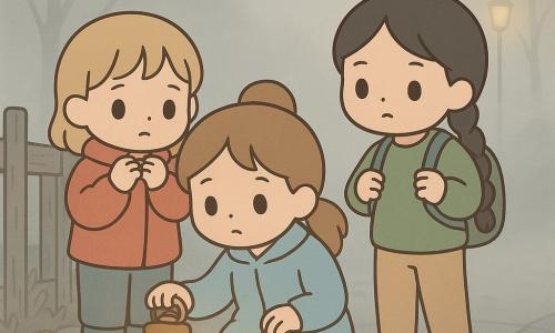 Drei Mädchen, je 8 Jahre: Mira mit hellbraunen Zöpfen, großen neugierigen Augen, hellblauem Mantel und Gummistiefeln, kniend und eine kleine schimmernde Messinglaterne berührend; Leni mit kurzem blondem Haar, besorgtem Blick und roter Jacke, leicht links hinter Mira stehend; Kaja mit schwarzer Zopffrisur, tapferer Miene, grünem Pullover und Rucksack, rechts einen Schritt vorgehend und auf den Laternenkreis blickend; Ort: Bürgersteig an einem alten Garten mit verwittertem grauem Holzzaun, flacher bleicher Nebel, nasse Blätter am Boden, ferne verschwommene Laternen und kahle Baumgestalten; Szene: die kleine Messinglaterne strahlt warmes zitterndes Licht, die Gesichter sind vom goldenen Schein erleuchtet, geheimnisvolle, leicht unheimliche aber sanfte Stimmung, starke Kontraste zwischen goldenem Licht und kaltem Nebel; visueller Stil: begrenzte Pastellfarben, runde Konturen, klare Gesichtsausdrücke, minimalistisches kawaii-Ambiente.