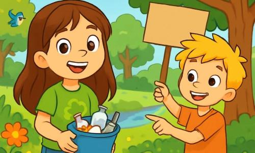 Een 8-jarig meisje, Emma, met lang kastanjebruin haar en nieuwsgierige ogen, glimlacht vrolijk terwijl ze een klein emmertje met recyclebaar afval vasthoudt. Ze draagt een felgroen t-shirt met een tekening van een boom en een spijkerbroekshort, omringd door kleurrijke bloemen. Naast haar staat een 9-jarige jongen, Lucas, met rommelig blond haar en een grote glimlach, die een kartonnen bord vasthoudt met de tekst "Laten we onze planeet beschermen!" Hij wijst naar een majestueuze boom, symbool voor de natuur. De locatie is een groen park, vol imposante bomen, bloeiende struiken en een klein beekje dat onder de zon glinstert. Vogels zingen in de takken, wat leven toevoegt aan deze vredige scène. Emma en Lucas zijn bezig afval op te ruimen in het park, met vastberaden en blije gezichten, terwijl ze zich inzetten voor de bescherming van de natuur en andere kinderen om hen heen bewust maken.