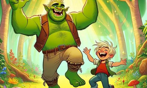 Een grote ogre genaamd Grom, met stralend groene huid en puntige oren, danst vrolijk in het midden van een zonnige open plek, zijn gezicht straalt van blijdschap met een brede glimlach en sprankelende ogen. Hij draagt een canvas broek en een leren vest, en zijn gespierde armen zijn in de lucht geheven, alsof hij iedereen uitnodigt om zich bij hem aan te sluiten. Naast hem lacht een jonge jongen genaamd Finn, ongeveer 8 jaar oud, met rommelig blond haar en heldere blauwe ogen. Hij draagt een rood t-shirt en een spijkerbroek, en hij springt enthousiast met zijn armen wijd open, klaar om met zijn vriend de ogre te dansen. De achtergrond is een magisch bos met hoge bomen en dikke stammen, hun felgroene bladeren filteren het zonlicht en creëren lichtpatronen op de grond. Kleurrijke bloemen en vreemde paddestoelen sieren de grond, terwijl een sprankelende rivier in de buurt stroomt, wat een vleugje magie toevoegt aan het geheel. De hoofdscène toont Grom en Finn die samen dansen, omringd door gelach en vreugde, terwijl kleurrijke vogels boven hen vliegen, wat bijdraagt aan de feestelijke sfeer van deze mooie dag in het Vergeten Bos.