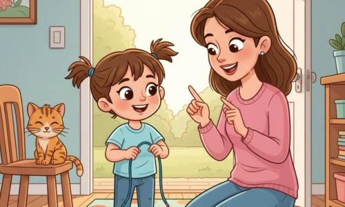 Fetiță de 4 ani, fericită și concentrată, cu părul șaten în două cozi mici, încearcă să-și lege pantofii cu un șiret albastru; mama (≈30–35 ani), zâmbitoare și blândă, ghemuită lângă ea, îi arată cu degetul și o privește cu afecțiune în timp ce aplaudă ușor; în fundal, o pisică tigrată se freacă de un scaun; loc: hol luminos de dimineață cu parchet deschis, covoraș cu buline și ușa de la intrare deschisă lăsând să pătrundă un răsărit auriu; moment: buclă făcută, nod aproape format, expresie de mândrie timidă, atmosferă caldă, culori pastelate și contururi moi.