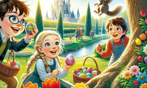 In un parco soleggiato, quattro bambini sono impegnati nella caccia alle uova di Pasqua. Marco, un ragazzo di otto anni con capelli castani e occhi vivaci, è accovacciato vicino a un grande albero, tenendo un uovo colorato tra le mani. A destra, Giulia, una ragazza di sette anni con capelli biondi e trecce, sorride scoprendo un uovo nascosto sotto un cespuglio fiorito. Più in là, Tommaso, un ragazzo di nove anni con occhiali e capelli castani, imita il canto di un uccello, attirando l'attenzione di uno scoiattolo curioso. Infine, Luca, un ragazzo di otto anni con capelli neri arruffati, si piega vicino al ruscello, meravigliato da un uovo brillante che ha appena trovato. Il parco è pieno di fiori colorati e un ruscello scintillante attraversa il paesaggio, mentre un grande albero maestoso offre ombra ai bambini. L'atmosfera è gioiosa e festosa, con i bambini che ridono e si divertono nella loro ricerca.