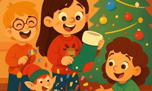 Hay 3 personajes: - Martina: una niña de 8 años, con largos cabellos castaños y ojos brillantes. Lleva un suéter rojo con un reno y sostiene un gran calcetín de Navidad en sus manos, sonriendo con asombro. - Nico: un niño de 7 años, con cabello rubio desordenado y gafas redondas. Está riendo, con un caramelo colorido en la mano, de pie junto a Martina. - Lucía: una niña de 6 años, con cabello rizado y un vestido verde. Está agachada, recogiendo confeti brillante que cae a su alrededor, con una gran sonrisa en el rostro. El lugar es una sala festiva, llena de un gran árbol de Navidad iluminado con luces brillantes y decoraciones coloridas. Guirnaldas doradas serpentean por las paredes, y el suelo está cubierto de caramelos y confeti. Hay una atmósfera cálida y alegre en la habitación, con sombras danzantes creadas por las luces del árbol. La situación principal muestra a los tres niños riendo y divirtiéndose juntos, rodeados de la magia de la Navidad, mientras descubren una caja sorpresa llena de confeti y golosinas, con una pequeña figura de un duende travieso que los observa con una sonrisa pícara.