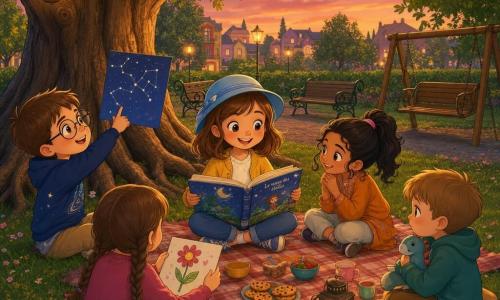 Lina, 6 anni, sorridente e serena con un piccolo cappello azzurro e capelli castani alle spalle, è seduta sotto un grande albero e tiene un libro illustrato aperto sulle ginocchia mentre racconta una storia; a sinistra Matteo, circa 7 anni, pelle chiara e occhiali rotondi, mostra una pagina con costellazioni guardando il cielo; a destra Noor, 6 anni, di origine medio-orientale con pelle olivastra e capelli scuri raccolti, ascolta sorridendo avvolta in una coperta; di fronte Giulia, 6 anni, pelle chiara e trecce brune, tiene un disegno di fiore; Tommaso, 6 anni, pallido e timido, stringe un piccolo giocattolo e guarda Lina con fiducia ritrovata; il gruppo è riunito in cerchio su una coperta a quadri sotto un grande quercia al crepuscolo, con lanterne che diffondono luce dorata, piccoli piatti e biscotti accanto e case colorate sfocate sullo sfondo, atmosfera calda e conviviale.