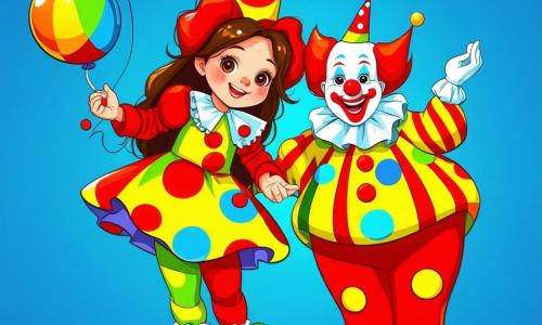 Een 6-jarig meisje, Lola, met lange bruine haren en sprankelende ogen, draagt een kleurrijk clownkostuum met multicolore stippen. Ze glimlacht breed, met opgewonden wangen, terwijl ze een grote jongleerbal vasthoudt. Naast haar staat clown Kiki Knetter, ongeveer 30 jaar oud, met een rode neus en rommelig haar, die grimasen trekt terwijl hij ballonnen in alle kleuren vasthoudt. Op de achtergrond staat de enorme circustent met rode en witte strepen die naar de blauwe lucht reiken. Fonkelende lichten verlichten de plek en enthousiaste toeschouwers verzamelen zich rond het podium. De hoofdscène toont Lola, vol energie en nieuwsgierigheid, klaar om te leren jongleren met Kiki Knetter, terwijl kleurrijke confetti om hen heen valt, wat een feestelijke en blije sfeer creëert.