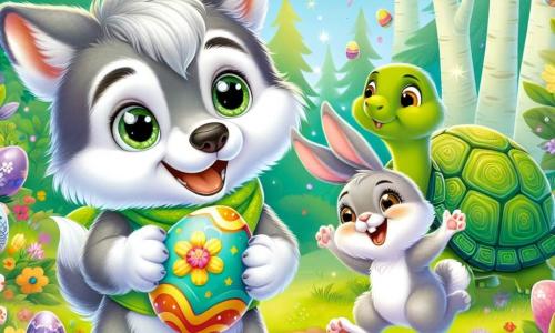 Ilustración que representa a un pequeño lobo, un niño de ojos brillantes y pelaje gris y blanco, que sonríe con entusiasmo mientras sostiene un huevo de Pascua colorido entre sus patas. Está de pie sobre sus patas traseras, listo para compartir su descubrimiento. A su lado, un pequeño conejo, un niño de grandes orejas y pelaje blanco, salta de alegría, con los ojos brillantes de emoción, levantando las patas delanteras como si aplaudiera. Un poco más lejos, una majestuosa tortuga, una anciana con un caparazón verde adornado con motivos florales, sonríe con benevolencia, observando la escena con orgullo. El lugar principal es un claro soleado del Bosque de los Sueños, rodeado de árboles de hojas verdes brillantes y flores coloridas que bailan suavemente al viento. Guirnaldas de flores y decoraciones de Pascua cuelgan de las ramas, creando un ambiente festivo y alegre. La situación principal de la historia muestra al pequeño lobo y sus amigos celebrando el descubrimiento de los huevos de Pascua, rodeados de risas y alegría, listos para compartir su felicidad con todos los habitantes del bosque. Otros elementos gráficos útiles incluyen huevos de Pascua decorados con motivos coloridos esparcidos a su alrededor, rayos de sol filtrándose a través de los árboles y mariposas revoloteando en el aire, añadiendo un toque mágico a esta escena primaveral.
