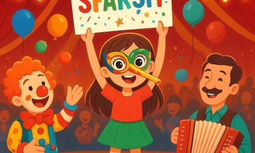 O fetiță de 8 ani, Sara, cu ochi mari și strălucitori și un zâmbet radiant, poartă o mască colorată cu un nas lung în formă de trompetă. Ea ține un panou decorat cu culori vii și sclipici, stând pe o cutie de lemn, plină de entuziasm și mândrie. Lângă ea, un clown vesel, de aproximativ 30 de ani, cu părul creț și o mustață mare, jonglează cu bile multicolore, râzând și aplaudând energia Sarei. Un muzician, un bărbat de cincizeci de ani cu o mustață subțire și un zâmbet cald, cântă la acordeon, creând o melodie antrenantă. Scena are loc sub un mare cort de circ, cu culori roșii și galbene strălucitoare, iar lumini sclipitoare iluminează solul de pământ bătut. Balonașe plutesc în aer, iar spectatorii uimiți aplaudă și râd. Sara, plină de bucurie și creativitate, ridică panoul "FIN" deasupra capului, înconjurată de prietenii ei, celebrând împreună spectacolul lor magic, plin de râsete și culori.
