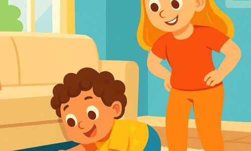 Ein 2-jähriger Junge mit lockigem, braunem Haar, großen neugierigen Augen und einem fröhlichen Lächeln hockt im Wohnzimmer auf dem Boden und sucht unter einem Sofa. Er trägt ein leuchtend gelbes T-Shirt mit Sternen und eine blaue Shorts. Neben ihm lächelt seine Mama, eine etwa 30-jährige Frau mit langen blonden Haaren, und beobachtet ihn mit den Händen in den Hüften, bereit ihm bei seiner Suche zu helfen. Das Wohnzimmer ist hell und einladend, mit einem großen, weichen Teppich, verstreuten Spielzeugen und pastellblauen Wänden. Ein Fenster lässt Sonnenlicht herein, das den Raum erhellt. In dieser Szene sucht der kleine Junge entschlossen seinen roten Ball, der unter dem Sofa versteckt ist. Sein konzentrierter und aufgeregter Gesichtsausdruck zeigt, dass er ein kleiner Detektiv in Aktion ist, bereit das Geheimnis seines verschwundenen Spielzeugs zu entdecken.