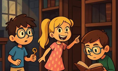 Há 3 personagens: Miguel, um garoto de 9 anos com cabelos castanhos bagunçados e óculos redondos, vestindo uma camiseta azul e um short bege, segurando uma pequena chave dourada e olhando curioso ao redor; Sofia, uma menina de 9 anos com cabelos longos e loiros presos em duas tranças, vestindo um vestido rosa de bolinhas e tênis brancos, apontando para uma porta secreta com um grande sorriso; e Lucas, um garoto de 9 anos com cabelos castanhos e óculos quadrados, vestindo um suéter verde e jeans, examinando atentamente um livro antigo. Os três amigos estão em uma biblioteca escura e misteriosa, cheia de estantes de madeira carregadas de livros antigos, com sombras dançando nas paredes e uma luz suave filtrando através de uma janela empoeirada, iluminando a cena. A situação principal mostra as crianças descobrindo uma porta secreta atrás de uma estante, com expressões de surpresa e aventura em seus rostos, prontas para explorar o que se esconde atrás, cercadas de livros e mistérios.