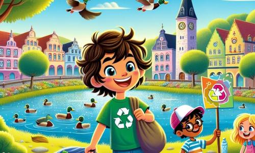Um garoto de 8 anos, Miguel, com cabelos castanhos bagunçados e um grande sorriso feliz, usa uma camiseta verde e um short azul. Ele está recolhendo lixo em uma bela pradaria, cercado por flores coloridas e árvores majestosas. Ao lado dele, sua melhor amiga Ana, uma menina de 8 anos com cabelos longos e loiros, usa um boné rosa e segura um saco de reciclagem, olhando para Miguel com entusiasmo. Um pouco mais longe, Pedro, um garoto de 8 anos com cabelos negros e óculos redondos, ergue um cartaz colorido que diz "Cuidar da natureza é cuidar da gente!" enquanto sorri orgulhosamente. A cena acontece em uma charmosa praça de vila, com um lago cintilante e patos nadando tranquilamente, sob um céu azul salpicado de nuvens brancas. Miguel e seus amigos estão limpando a praça, rindo e se incentivando mutuamente, criando uma atmosfera de camaradagem e alegria.