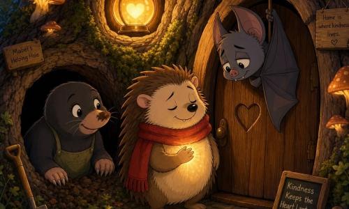 Pip, a small round fluffy hedgehog with soft quills and a big red scarf, looks relieved and sleepy with half-closed eyes and a paw on his chest where a warm, dim glow like a tiny lamp flickers; a gray bat with tired big eyes hangs at the doorway of the sapwood, kindly tilting its head toward Pip; Mabel the mole, compact with a pointed snout and dirt on her nose, smiles gently from the shadow of the burrow entrance slightly left, ready to support him; the Old Oak fills the background with a gnarled trunk, a small round wooden door, polished glowing mushrooms and green moss, warm light seeping through cracks; the Heart Lantern hangs in a cavity of the oak as an amber-glass orb emitting a soft honey-like golden light that casts leaf patterns on the ground; main scene: Pip softly asks the Heart Lantern to dim its light—calm, gentle, slightly humorous bedtime scene with centered composition, warm pastel tones, textured fur, veined wood and moss, slow gestures and a reassuring nocturnal atmosphere.