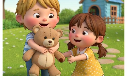 A 2-year-old boy with a round face, rosy cheeks and short messy blond hair, happily relieved as he clutches a large light brown teddy bear with visible seams; a 3-year-old girl named Mia with brown pigtails in a yellow polka-dot dress crouches beside him, smiling and reaching for the bear; the teddy has textured soft fur, shiny black eyes, a small sewn nose and slight wear on one paw; they are in a sunny garden with green grass, white daisies, a small blue wooden playhouse and a round-stone path, having just found the lost bear—centered composition, bright colors, warm late-morning sunlight.
