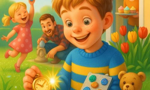 An enthusiastic 8‑year‑old boy with a round freckled face and messy light brown hair in a blue-and-yellow striped sweater holds a small handmade painted metal clock with glittery buttons and looks at a shiny golden watch in his hand; his 5‑year‑old sister, joyful with blonde pigtails and a pink polka‑dot dress, jumps on the lawn to his left reaching for a bright blue egg; their father, about 35, smiling with a short beard and a plaid shirt, crouches by a tulip bed to the right pointing to an egg hidden under a garden statue; their mother, about 33, gentle and laughing with tied brown hair, stands by the kitchen patio door holding a tray of pastel cupcakes; a slightly worn light brown teddy bear named Toby sits on a plaid blanket near the children with a small chocolate egg beside it; bright spring garden with dewy green grass, red and yellow tulips, colorful sticker garlands on the path, blue sky with fluffy clouds and golden morning light; main scene: a morning Easter egg hunt with joyful movement, vivid colors, a close composition centered on the boy and the sparkling clock, clear expressions and tactile textures like glitter, plush and metallic paper.