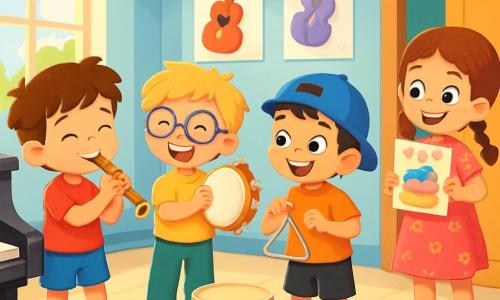 There are 4 children: Leo, a 5-year-old boy with messy brown hair, wearing a red t-shirt and blue shorts, holding a small flute and smiling joyfully; Max, a 5-year-old boy with blond hair and round glasses, dressed in a yellow t-shirt and green pants, enthusiastically shaking a tambourine; Sam, a 5-year-old boy with black hair and a blue cap, wearing an orange t-shirt and black shorts, holding a triangle and looking at his friends with sparkling eyes; and Lily, a 5-year-old girl with brown hair in braids, wearing a pink flower dress, standing by the door holding a colorful birthday card with a big smile. The setting is a bright music room with light blue walls and posters of musical instruments. Colorful instruments are scattered on the floor: a shiny black piano, red drums, and golden flutes. Sunlight streams through a large window, filling the room with a soft glow. The main scene shows the children playing their instruments, laughing, and cheering for each other. Leo plays his flute, Max shakes his tambourine, Sam hits the triangle, and Lily watches them with admiration while holding the birthday card. They are all together, celebrating their friendship through music and support.