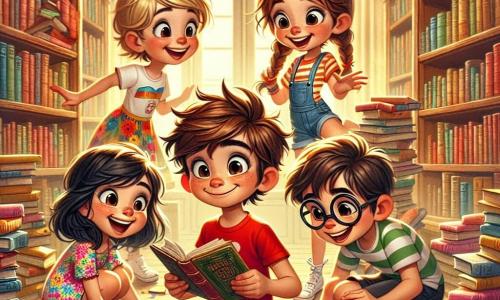An 8-year-old boy, Max, with messy brown hair and a wide mischievous smile, is wearing a red t-shirt and blue shorts. He is crouched down, surrounded by scattered books, with sparkling eyes of excitement and a determined look on his face. Next to him, Lucy, a 7-year-old girl with braided blonde hair in a colorful floral dress, is softly laughing while holding a book. Tom, an 8-year-old boy with round glasses and a striped t-shirt, is leaning down to pick up a book, looking focused. Mia, a 7-year-old girl with brown hair in a ponytail, is doing a little twirl, her face glowing with joy. The scene takes place in an old library with tall wooden shelves filled with colorful book covers. Soft light filters through the windows, creating a warm and welcoming atmosphere. In the center, the children are busy putting fallen books back in order, laughing and whispering, while a book-shaped badge shines on the floor, waiting to be discovered.