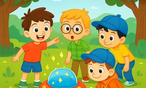 Er zijn 4 kinderen: - Max: een 6-jarig jongetje met rommelig bruin haar, in een rode t-shirt en een blauwe short, die enthousiast glimlacht en naar een ruimteschip wijst. - Sam: een 6-jarig jongetje met ronde bril en blond haar, gekleed in een groen geruit overhemd en een beige broek, die met grote ogen naar het ruimteschip kijkt. - Leo: een 6-jarig jongetje met zwart haar en een blauwe pet, in een gele t-shirt, die nieuwsgierig naar voren leunt om het UFO beter te zien. - Tom: een 6-jarig jongetje met rood haar en een ondeugende glimlach, gekleed in een oranje hoodie, die zich bukt om het ruimteschip van dichtbij te bekijken. De kinderen bevinden zich in een groene park, omringd door bomen met heldere bladeren en kleurrijke bloemen. In het midden van de afbeelding staat een klein rond ruimteschip dat schittert en in felle kleuren is, met fonkelende lichten die een magische sfeer creëren. De kinderen ontdekken het mysterieuze ruimteschip, met uitdrukkingen van verrassing en opwinding op hun gezichten, klaar voor een ongelooflijk avontuur met een buitenaards wezen dat binnenkort zal verschijnen.