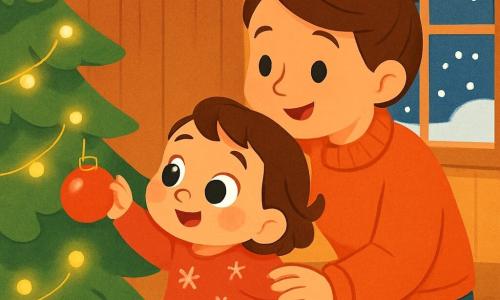 Uma menina de 2 anos, com grandes olhos brilhantes e bochechas rosadas, observa maravilhada um pinheiro de Natal decorado com luzes cintilantes. Ela usa um vestido vermelho com padrões de flocos de neve e botas brancas. Ao lado dela, sua mãe, uma mulher de cerca de 30 anos, sorridente e calorosa, a incentiva a pendurar uma bola brilhante na árvore. Ela tem cabelos castanhos presos em um coque e usa um suéter de lã macio. O ambiente é acolhedor, iluminado por uma luz dourada, com paredes de madeira e uma grande janela onde se vê a neve caindo suavemente do lado de fora. Um tapete macio está espalhado no chão, e cordões de luz decoram as paredes. A cena principal mostra a menina, cheia de alegria e excitação, estendendo a mão para pendurar uma bola vermelha cintilante no pinheiro de Natal, enquanto sua mãe a observa com ternura, criando uma atmosfera festiva e mágica de Natal.