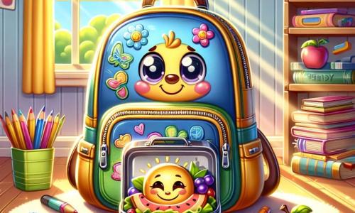 An illustration depicts a smiling backpack with shiny zippers and colorful patches, conveying curiosity and hope. The backpack stands in the center, pockets slightly open, as if ready for an adventure. Next to it is a metal lunchbox adorned with fruit and flower designs, displaying a joyful expression with an open lid revealing a colorful sandwich. In the background, a sunlit corner of a room features soft yellow walls and shelves filled with books and toys. A window lets in sunlight, creating a warm and welcoming atmosphere. The main scene shows the backpack and lunchbox happily discussing their upcoming adventures, symbolizing the importance of friendship and support during times of change. Additional elements include scattered colored pencils on a table, an open book with story illustrations, and sun rays filtering through the window, adding a touch of magic to the scene.