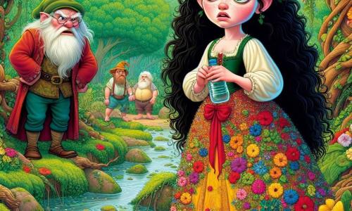 Blancanieves, una joven de piel de porcelana y cabello negro como el ébano, se encuentra en el centro de la imagen, con una expresión de preocupación y determinación. Lleva un vestido rojo y amarillo, decorado con flores coloridas, y observa atentamente un pequeño arroyo turbio, con las cejas ligeramente fruncidas. A su derecha, Sabio, un enano de unos 60 años, con una larga barba blanca y gafas redondas, observa la escena con seriedad, sosteniendo una botella de plástico. A su izquierda, Gruñón, un enano de rostro gruñón y gorra verde, cruza los brazos, preocupado, mientras se apoya en una roca, listo para intervenir. El entorno es un jardín exuberante, rodeado de árboles majestuosos con hojas verdes brillantes, pero el arroyo que lo atraviesa está turbio, con basura flotante, contrastando con la belleza natural de las flores coloridas que lo rodean. La situación principal muestra a Blancanieves y sus amigos descubriendo la contaminación del arroyo, un momento de tensión en el que se dan cuenta de que deben actuar para salvar su valioso entorno.